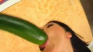 Give Me Pink Big boobed babe shoves fruit and veggies in her