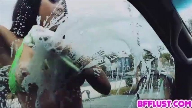 Bff babes Maya Bijou and Crystal Rae washing cars and sucking dick