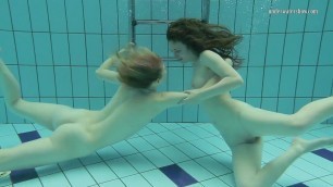 Horny Russians swimming naked and touching bodies